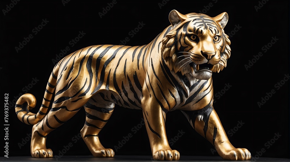 Fototapeta premium Gold tiger statue on plain black background facing forward from Generative AI