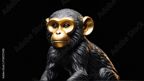 Gold monkey statue on plain black background facing forward from Generative AI © Arceli