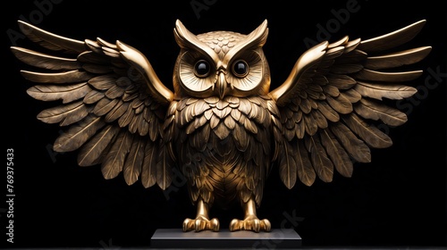 Gold owl statue on plain black background facing forward from Generative AI photo