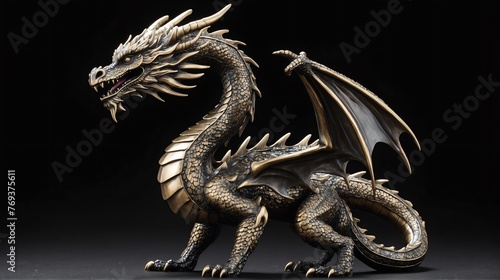 Shiny bronze dragon statue on plain black background facing forward from Generative AI photo