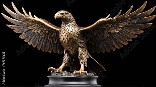Shiny bronze eagle statue on plain black background facing forward from Generative AI