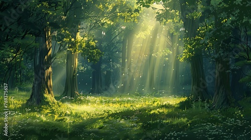 The tranquility of a forest glade bathed in dappled sunlight photo