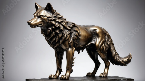 Shiny bronze wolf statue on plain black background facing forward from Generative AI
