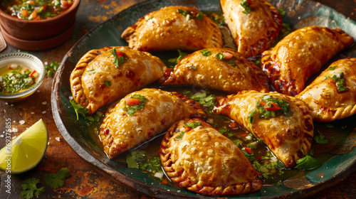 Golden empanadas with a side of fresh greens and dipping sauce on weathered surface convey a homemade authenticity