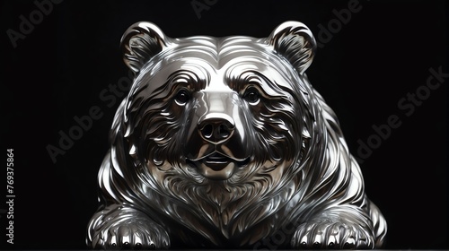 Shiny silver bear statue on plain black background facing forward from Generative AI