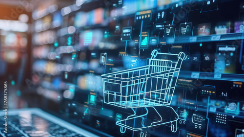 Digital shopping cart and icons on a tech background - A conceptual image with a wireframe shopping cart and various shopping icons on a technology-themed background photo