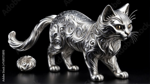Shiny silver cat statue on plain black background facing forward from Generative AI © Arceli