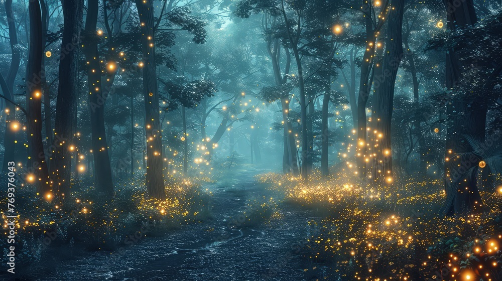 A captivating night forest scene illuminated by glittering lights, with fireflies dancing amidst the trees and distant stars twinkling in the sky, creating a magical and immersive atmosphere. 