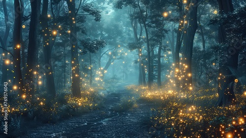 A captivating night forest scene illuminated by glittering lights  with fireflies dancing amidst the trees and distant stars twinkling in the sky  creating a magical and immersive atmosphere. 