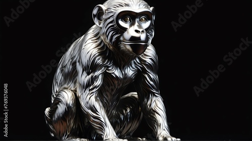 Shiny silver monkey statue on plain black background facing forward from Generative AI © Arceli