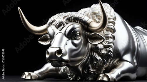 Shiny silver ox statue on plain black background facing forward from Generative AI
