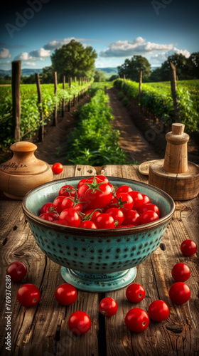 A bowl of red tomatoes sits on a wooden table. The bowl is filled with a variety of tomatoes, some of which are ripe and ready to eat. Concept of freshness and abundance