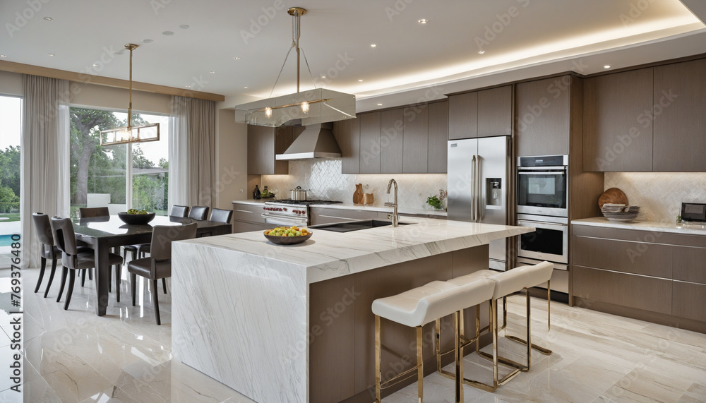Luxury kitchen with marble island and first class appliances colorful background