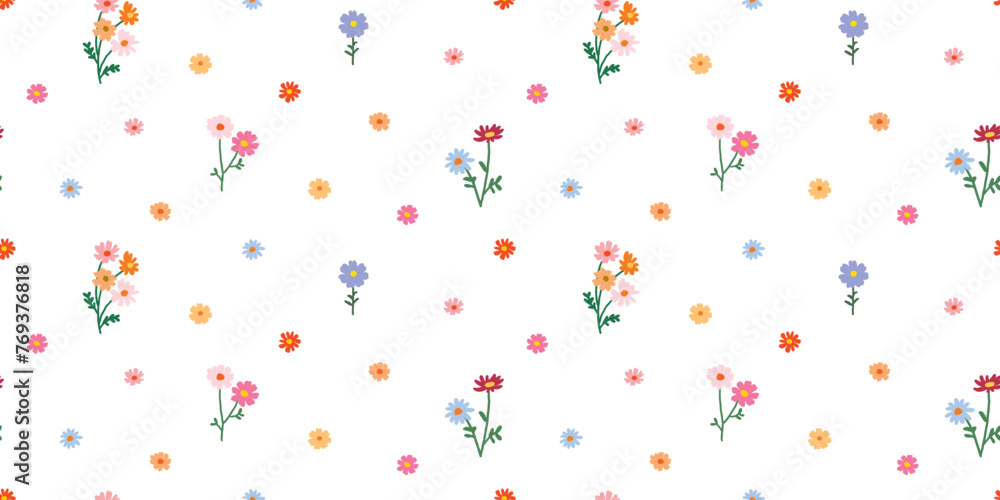 Seamless Pattern of Hand Drawn Flower Design on White Background