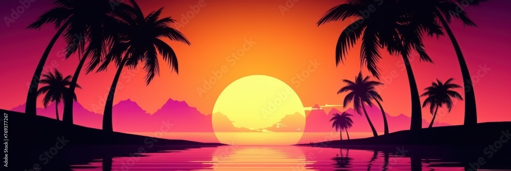 A painting showcasing a vibrant sunset with silhouetted palm trees in the foreground