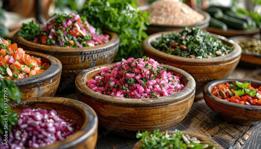 Fototapeta premium Wooden bowls filled with various types of vegetables on a table