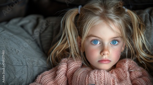 A small girl with blue eyes relaxing on a bed