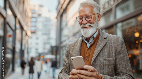 Bearded man with glasses using smartphone