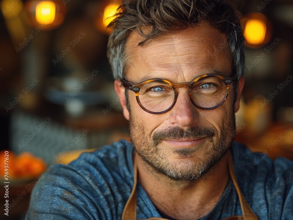 A man wearing glasses and a brown apron A man wearing glasses and a brown apron