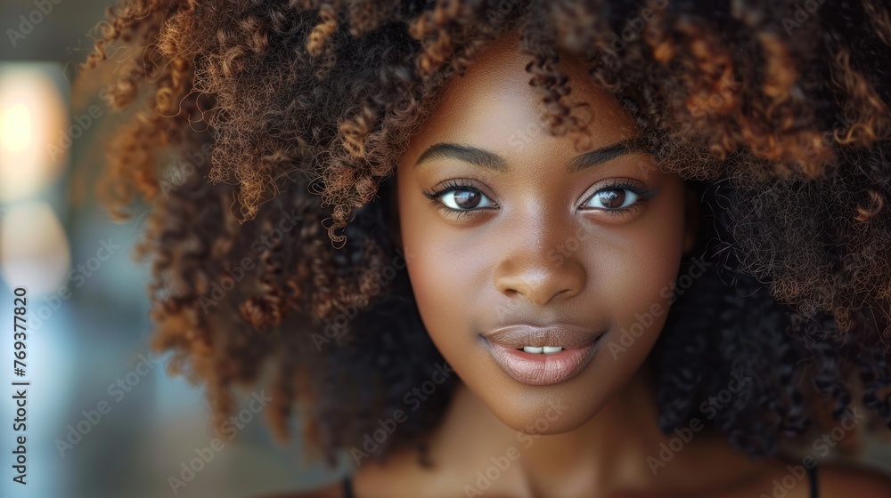 Close-up view of an individual showcasing a large afro hairstyle Close-up view of an individual showcasing a large afro hairstyle