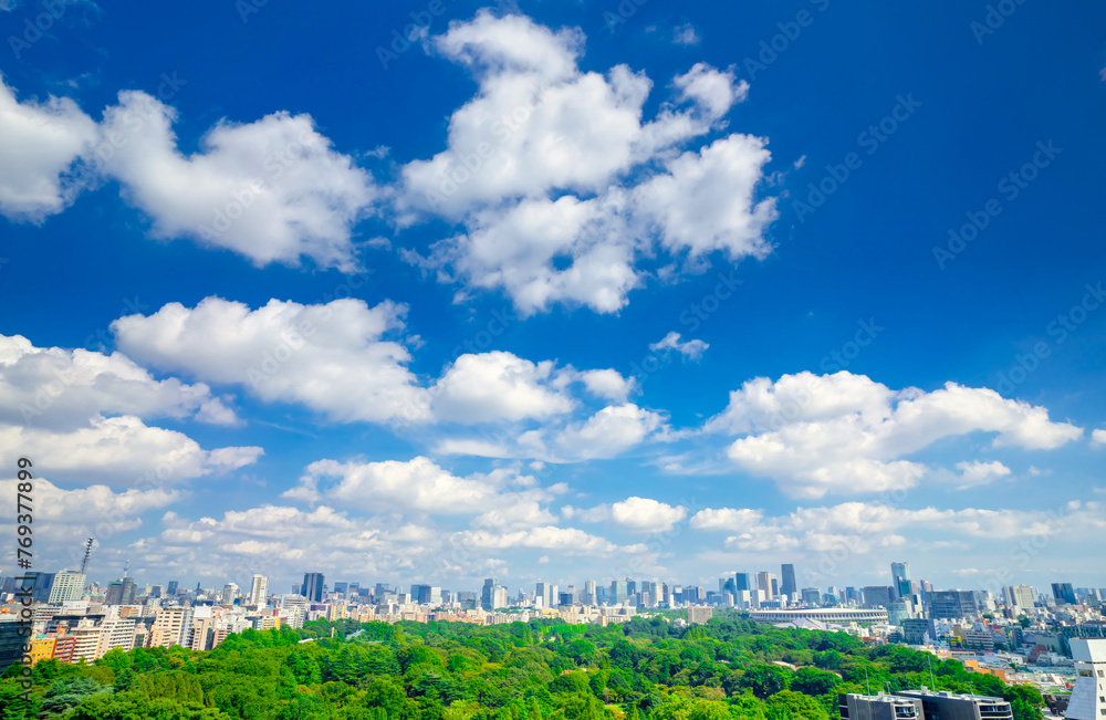 東京都市風景　青空と木漏れ日踊る雲