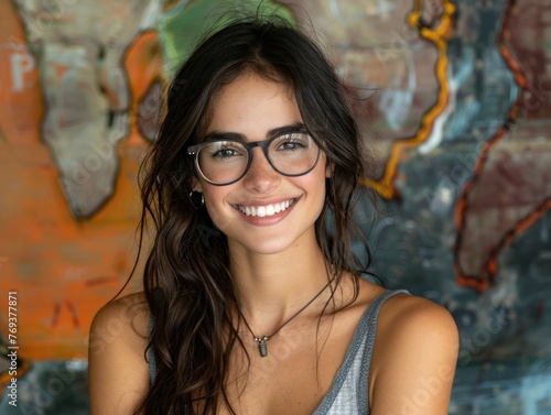 A woman with glasses smiling at the camera
