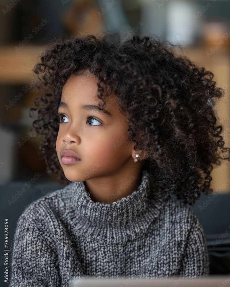 Young girl with curly hair sitting in front of laptop computer Young girl with curly hair sitting in front of laptop computer