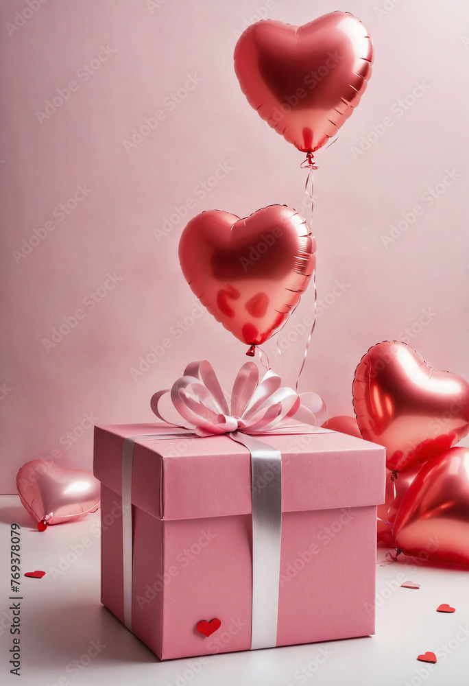 Pink gift box and red heart balloons colorful background