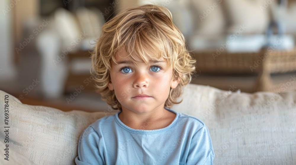 A young child sitting atop a couch A young child sitting atop a couch