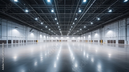  Interior of empty warehouse. Large modern empty storehouse