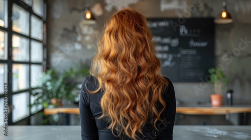 Long-haired redheaded woman standing by counter