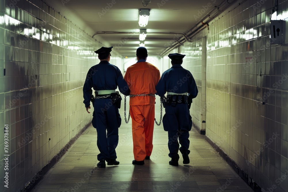 Obraz premium Prison guards or police lead a prisoner in chains by the corridor