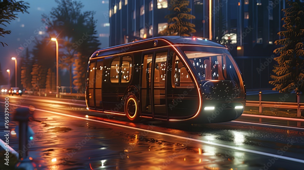 Fototapeta premium Through the lens of a 3D render, viewers witness an autonomous electric bus autonomously cruising down the road, highlighting the cutting-edge concept of smart vehicle technology.
