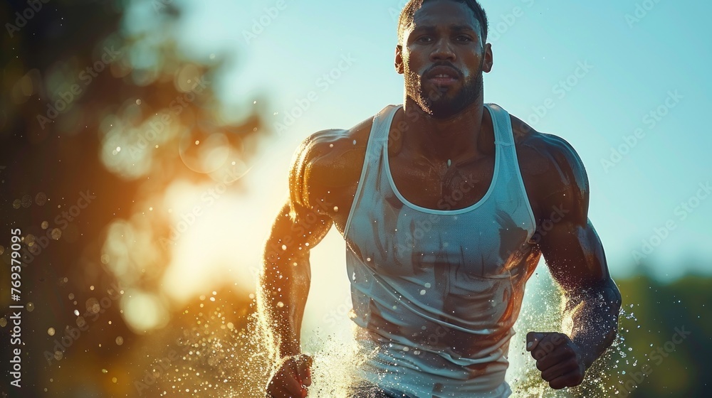 A man in a tank top runs through water, creating splashes in a dynamic motion