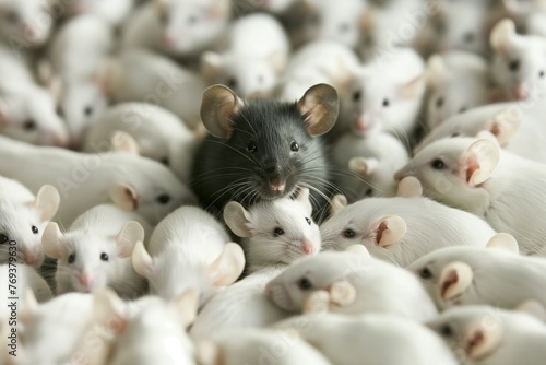A gray mouse among many whites, sometimes an ordinary mouse becomes unusual photo
