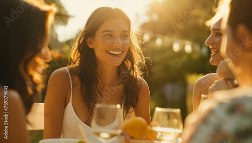 A smiling, happy, beautiful woman at an outdoor dinner party with family and friends is sitting at a table and having a pleasant conversation