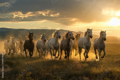 A running herd of wild horses with dust under their hooves photo