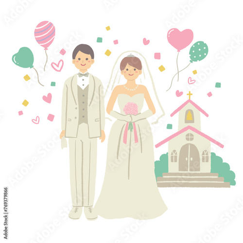 ウエディング　教会の前に並んだ新郎新婦のイラスト