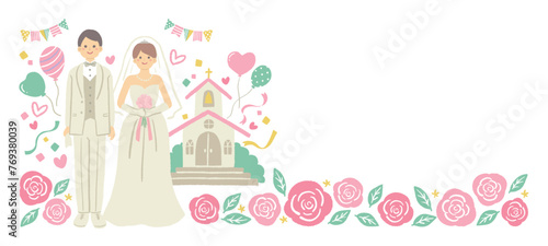 ウエディング　教会の前に並んだ新郎新婦のイラスト
