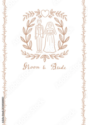 ウエディング　新郎新婦の線画イラスト