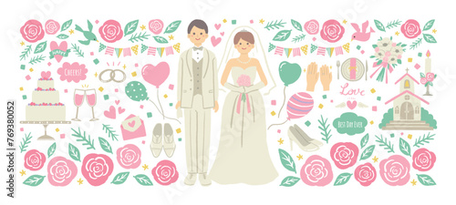 ウエディング　花に囲まれた新郎新婦のイラスト