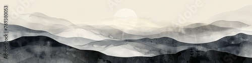 A black and white painting depicting a mountain range using brushed ink, sparse and poetic, in an abstract style, background, wallpaper, banner