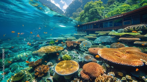 A natural landscape with a coral reef underwater and a house by the water