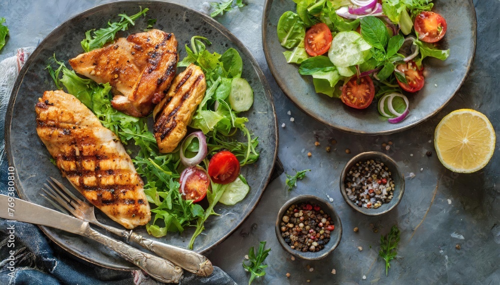 Grilled Chicken, Fried Fillet, and Fresh Veggie Salad A Healthy Choice Grilled Chicken, Fried Fillet, and Fresh Veggie Salad A Healthy Choice