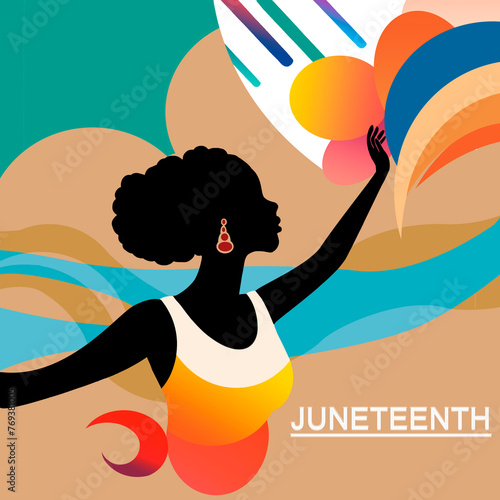 June 16 Freedom Day greeting cards. Juneteenth Afro woman in profile, background in green, yellow and red colors. National African American Independence Day, emancipation day. Vector illustration
