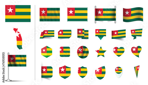 set of Togo flag, flat Icon set vector illustration. collection of national symbols on various objects and state signs. flag button, waving, 3d rendering symbols