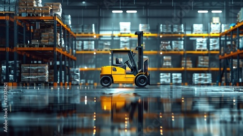 A minimalist artwork focusing on the silhouette of a yellow forklift against the complex geometry of warehouse shelves filled with boxes, the contrast emphasizing the simplicity of the machines purpos
