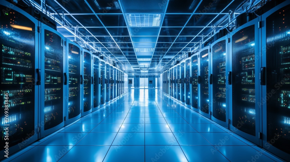 Large server room with rows of servers. Large server room with rows of servers.