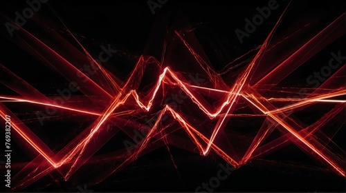 Bright abstract red zigzag rays lines of lights on plain black background from Generative AI photo
