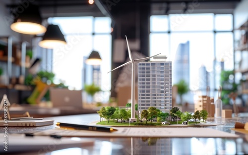 A miniature architectural model modern building with wind turbines on wooden tables, sustainable residential development